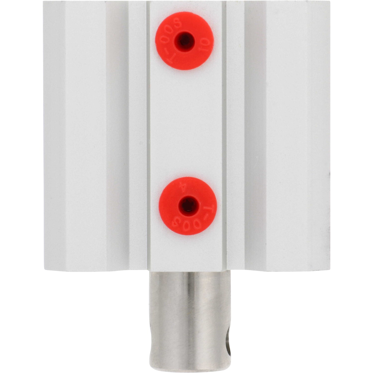 Small pneumatic cylinder with red plastic plugs pressed into threaded holes. CQ2B25-10Z-DUW02480