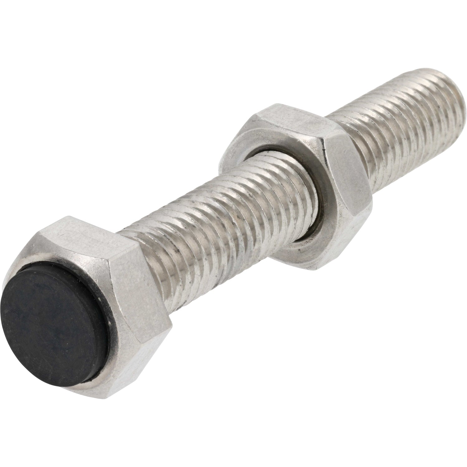 Stainless Steel stopper bold with hex nut and black rubber stopper on white background. 