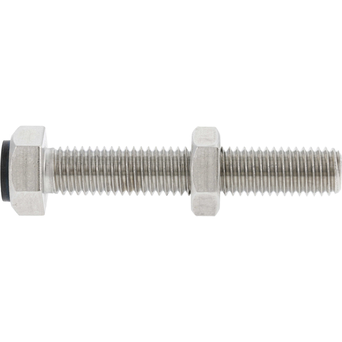 Stainless Steel stopper bold with hex nut and black rubber stopper on white background. 