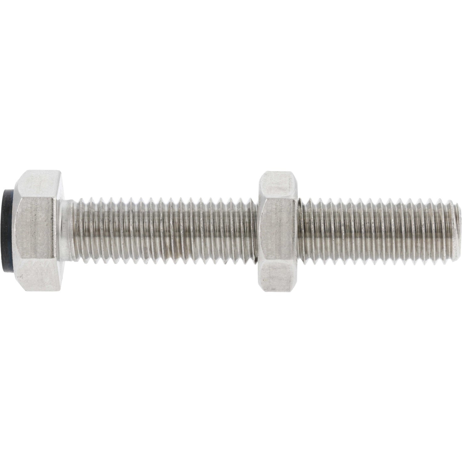 Stainless Steel stopper bold with hex nut and black rubber stopper on white background. 