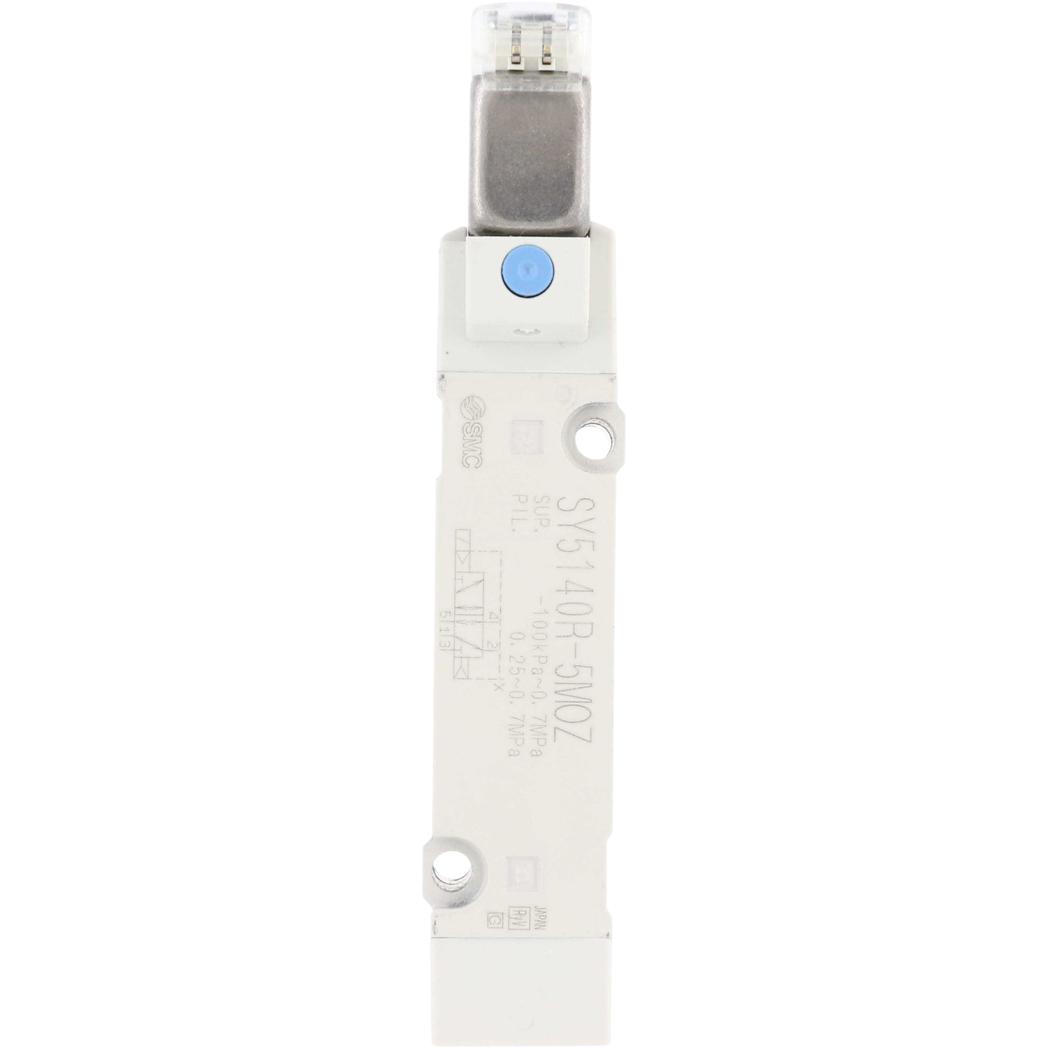 White, plastic 5 port solenoid valve on white background. 