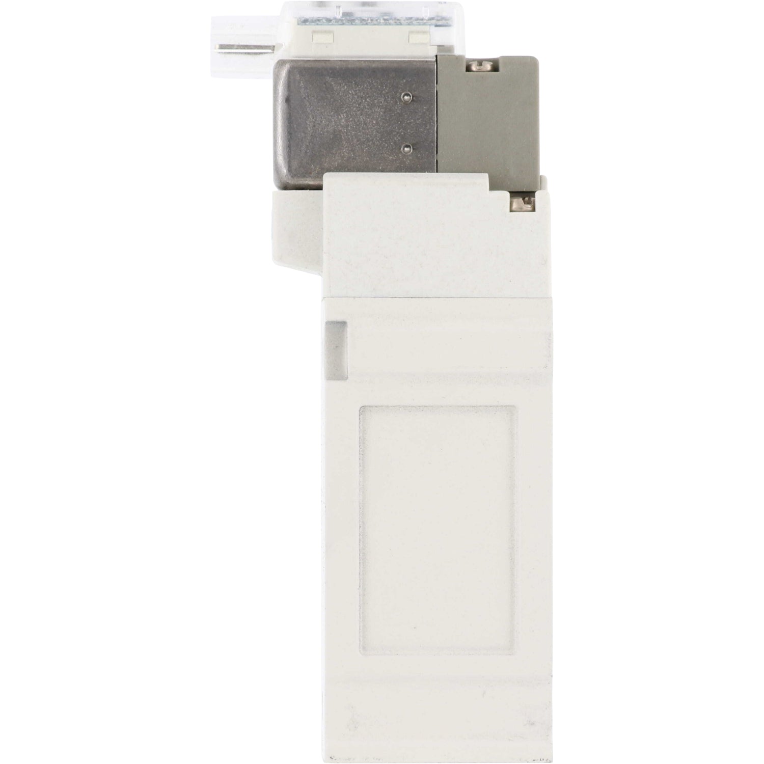 White, plastic 5 port solenoid valve on white background. 