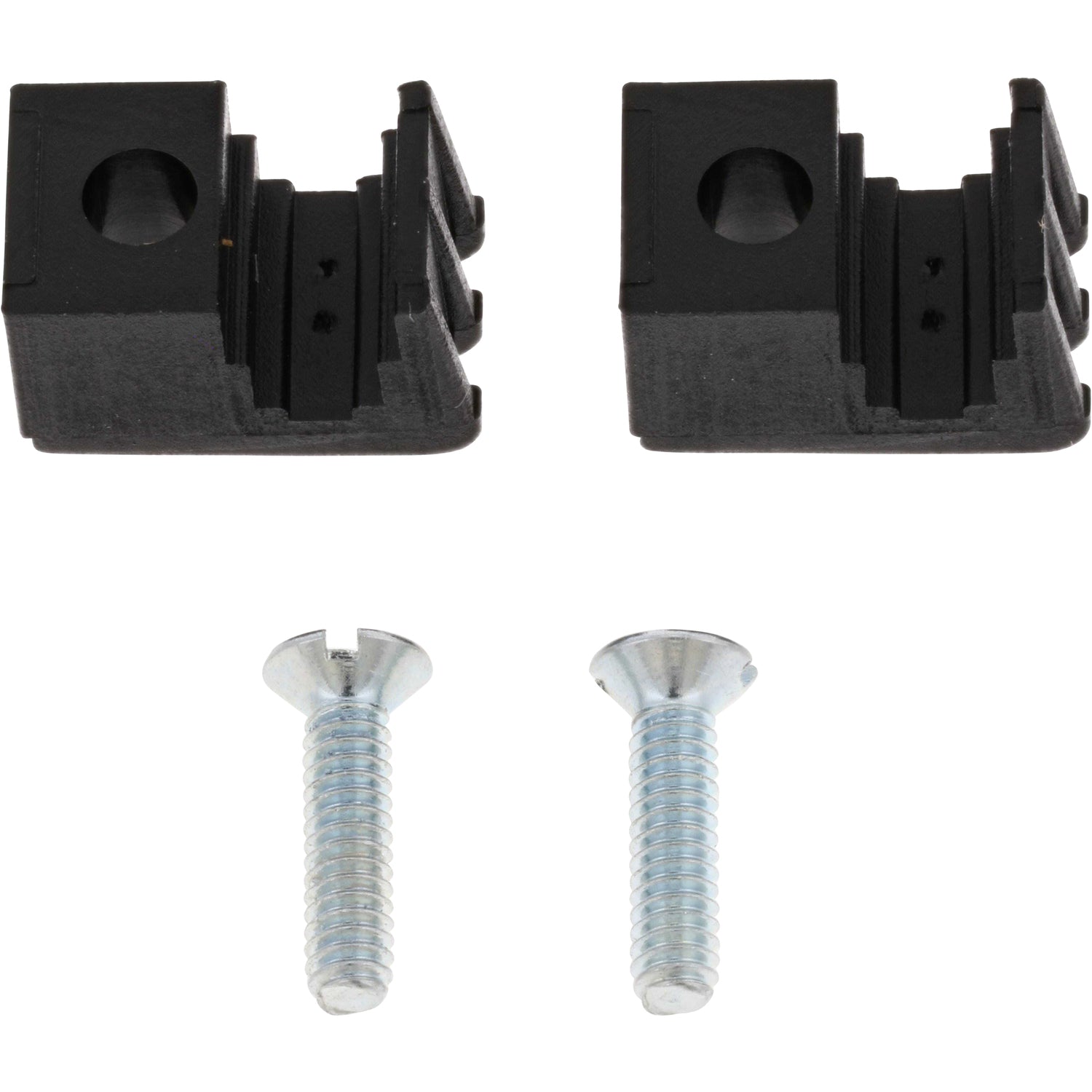 Two small black plastic mounting brackets with two nickel plated fasteners on a white background. 550661