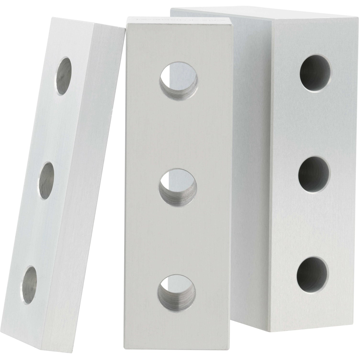 Three differently sized, grey rectangular blocks made of hard anodized aluminum. Each block as three evenly spaced through holes. Parts shown on white background.