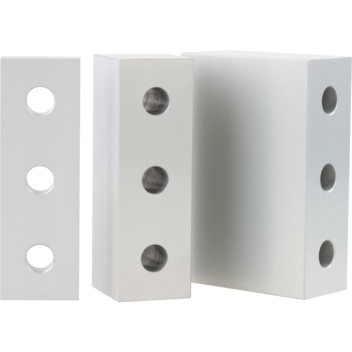 Three differently sized, grey rectangular blocks made of hard anodized aluminum. Each block as three evenly spaced through holes. Parts shown on white background.