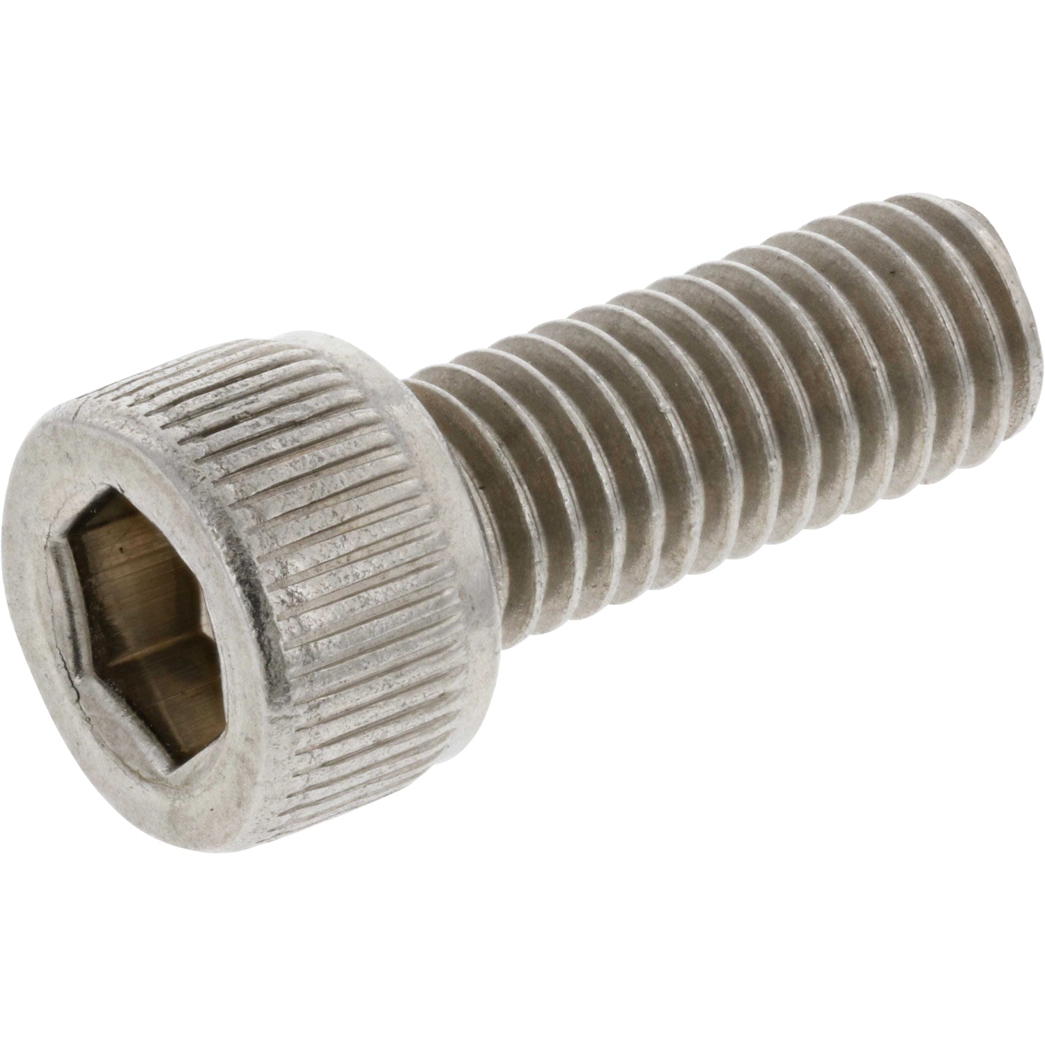 Stainless Steel M5 by 16 millimeter socket head cap screw on white background. MS2540016A20000