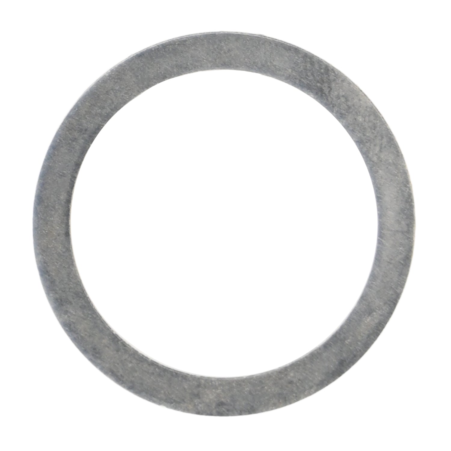 Flat, circular stainless steel shim on a white background. 
