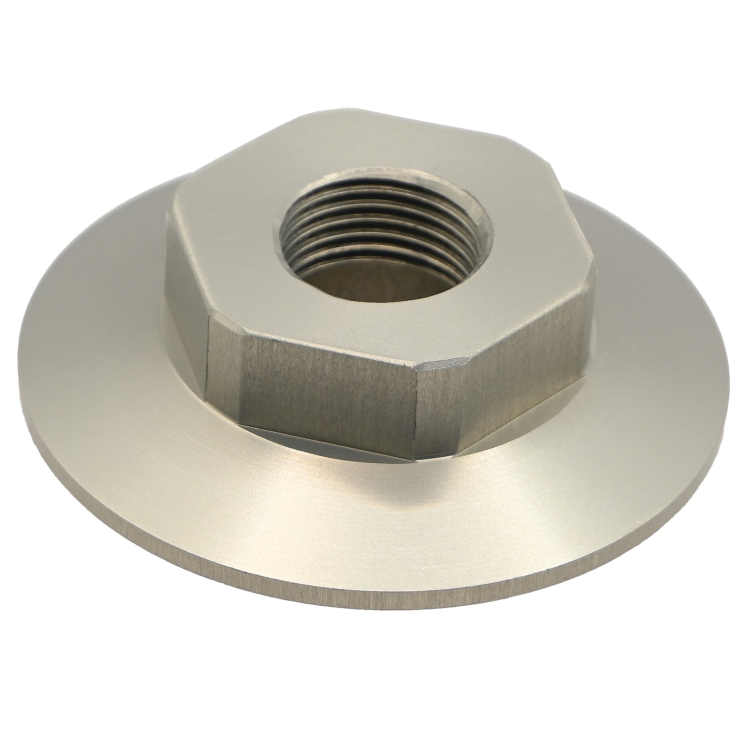 Grey hard anodized aluminum hex nut part with wide flange in middle of part shown on white background. 