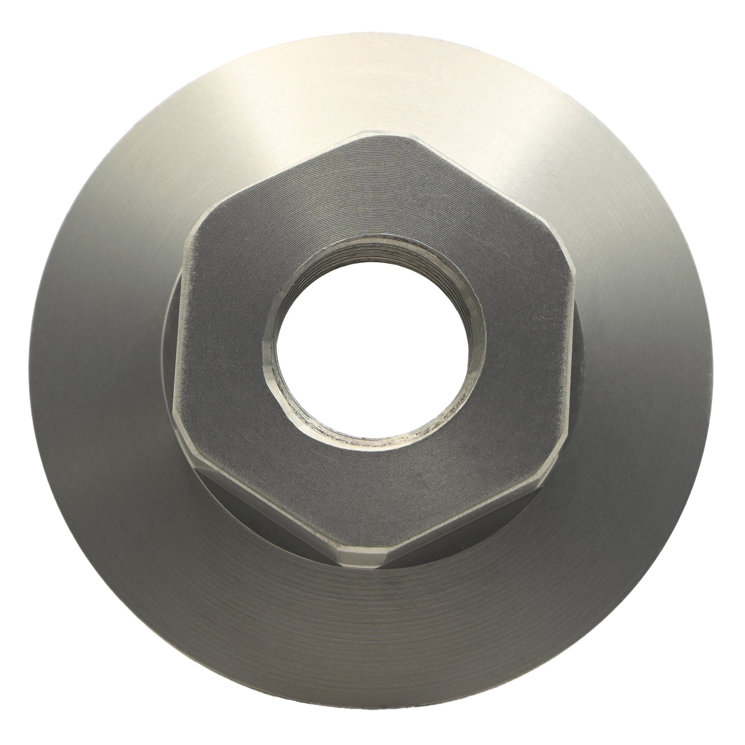 Grey hard anodized aluminum hex nut part with wide flange in middle of part shown on white background. 