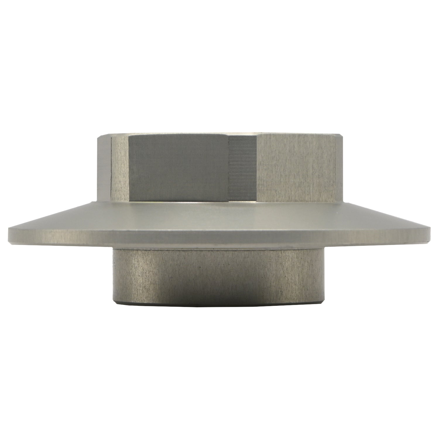 Grey hard anodized aluminum hex nut part with wide flange in middle of part shown on white background. 