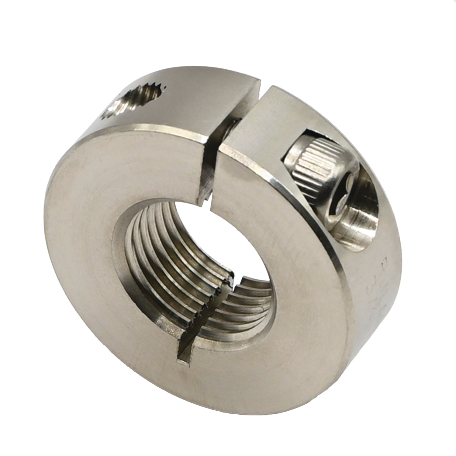 Stainless steel, one piece, threaded shaft collar on white background. 