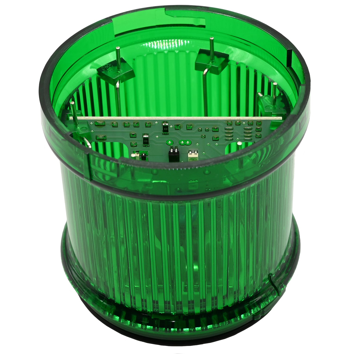 Cylindrical green stack light beacon on white background. 