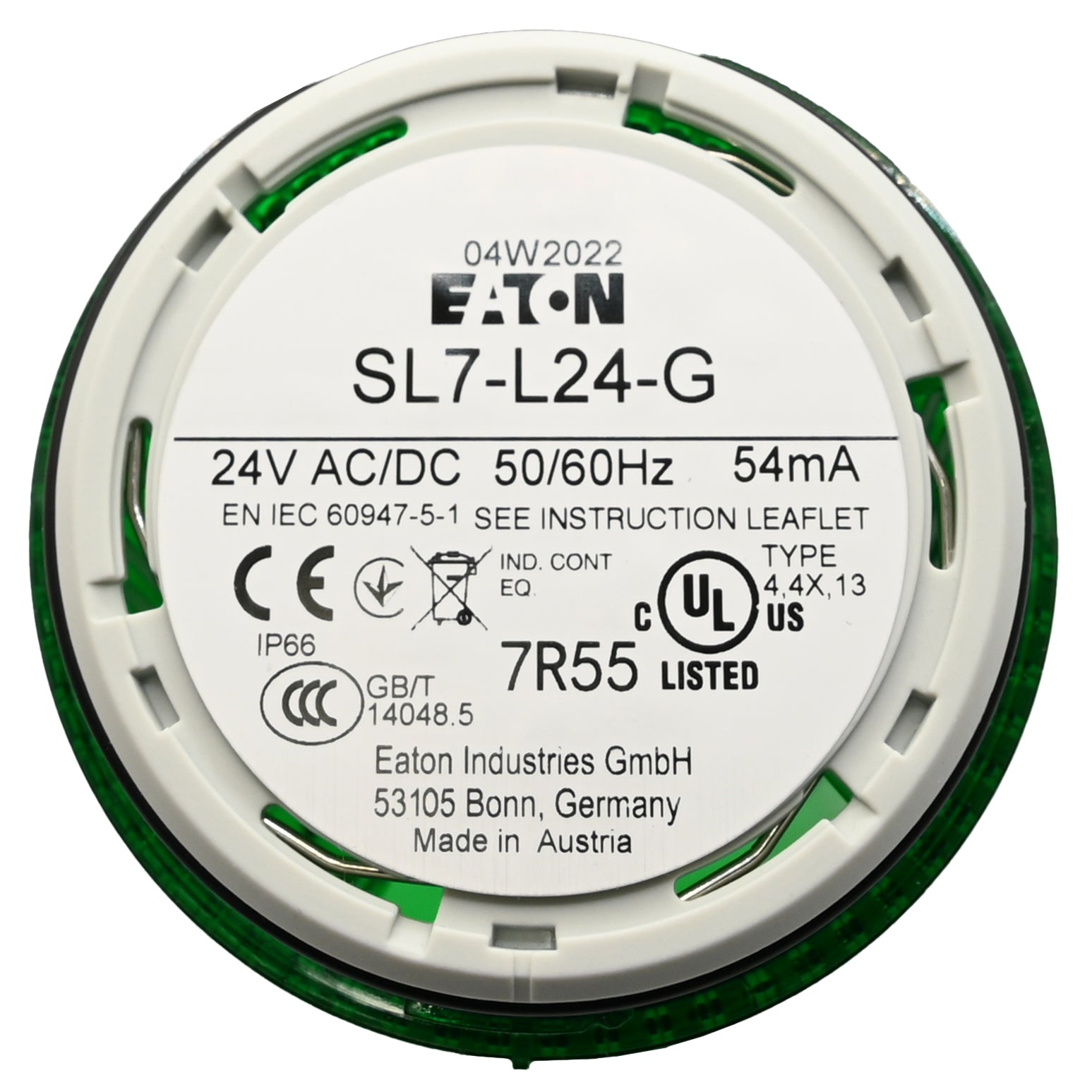 White product label with black text on underside of cylindrical green stack light on white background. 