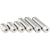 An assortment deferent length stainless steel threaded standoffs on a white background. 