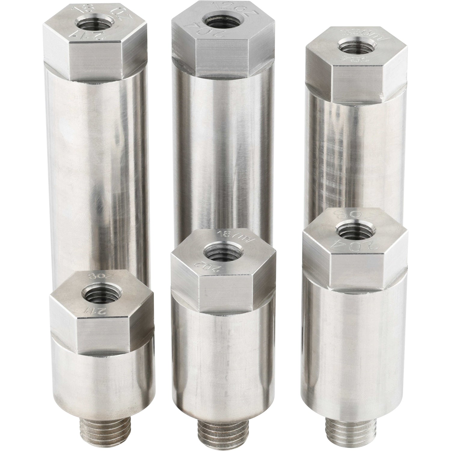 An assortment deferent length stainless steel threaded standoffs on a white background. 