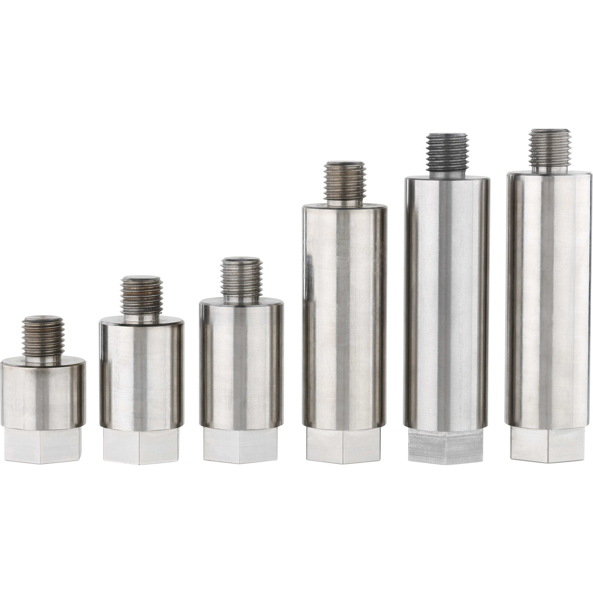 An assortment deferent length stainless steel threaded standoffs on a white background. 