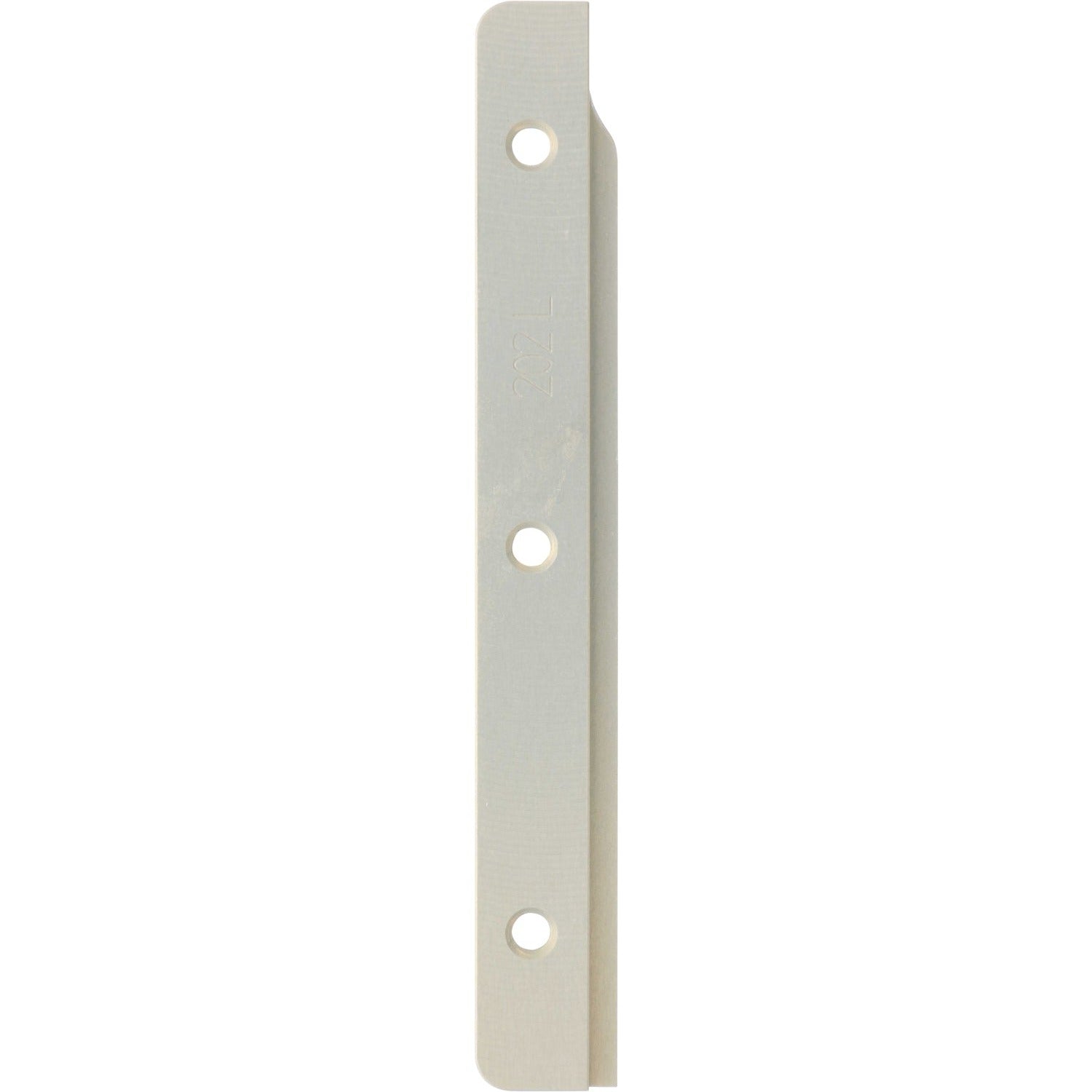 Machined blade like part made of hard anodized aluminum on white background. The part has three threaded holes and 202L machined onto it&