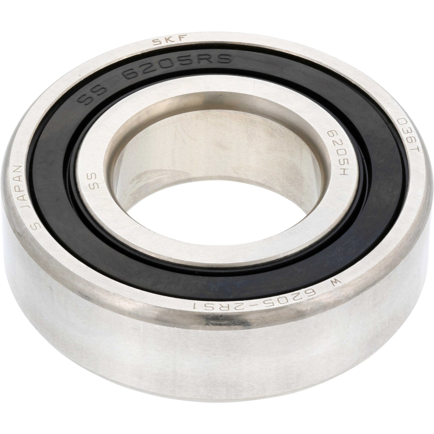 stainless-steel deep groove ball bearing with a black integral seal shown on white background: W 6205-2RS1