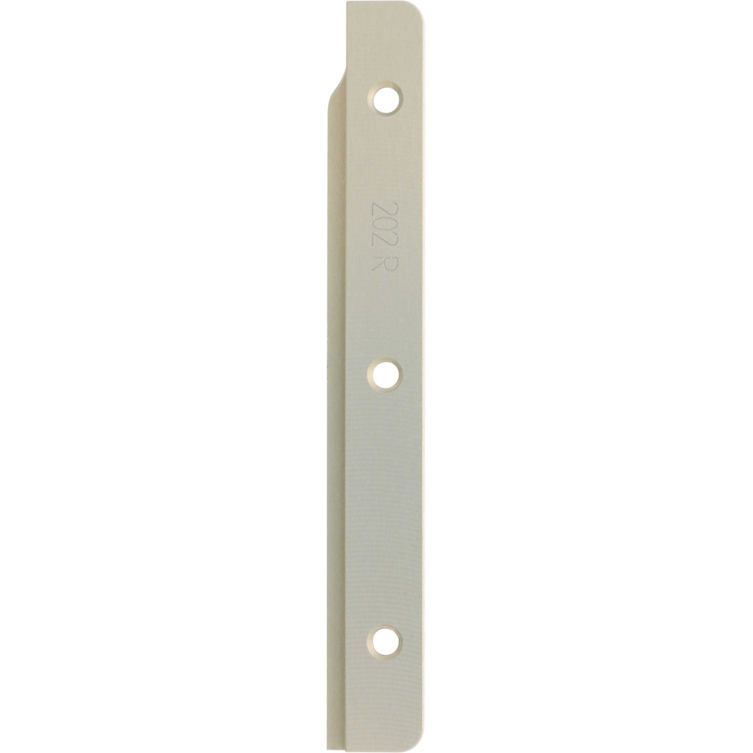 Machined blade like part made of hard anodized aluminum on white background. The part has three threaded holes and 202R machined onto it's surface. 