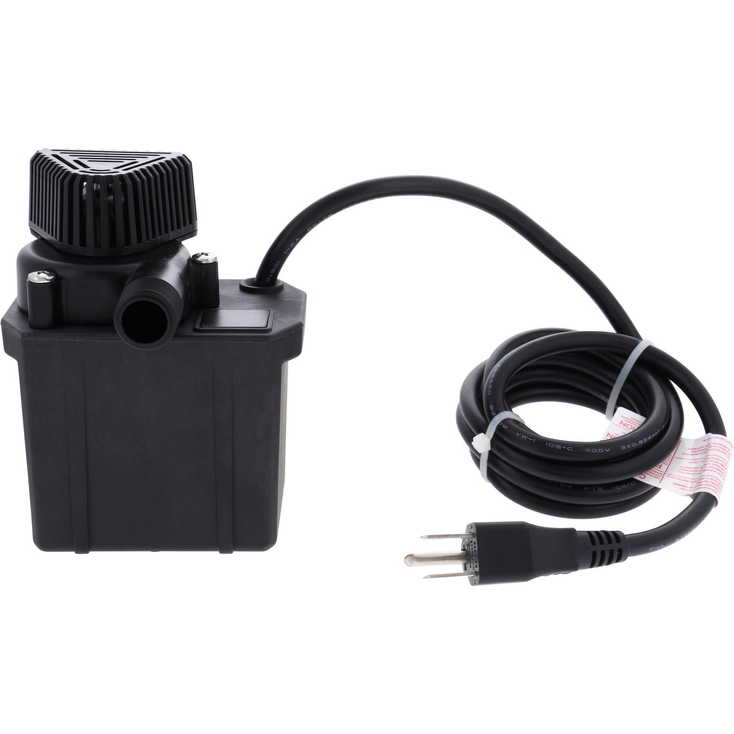 Black plastic submersible pump with coiled power cord on white background. G600A