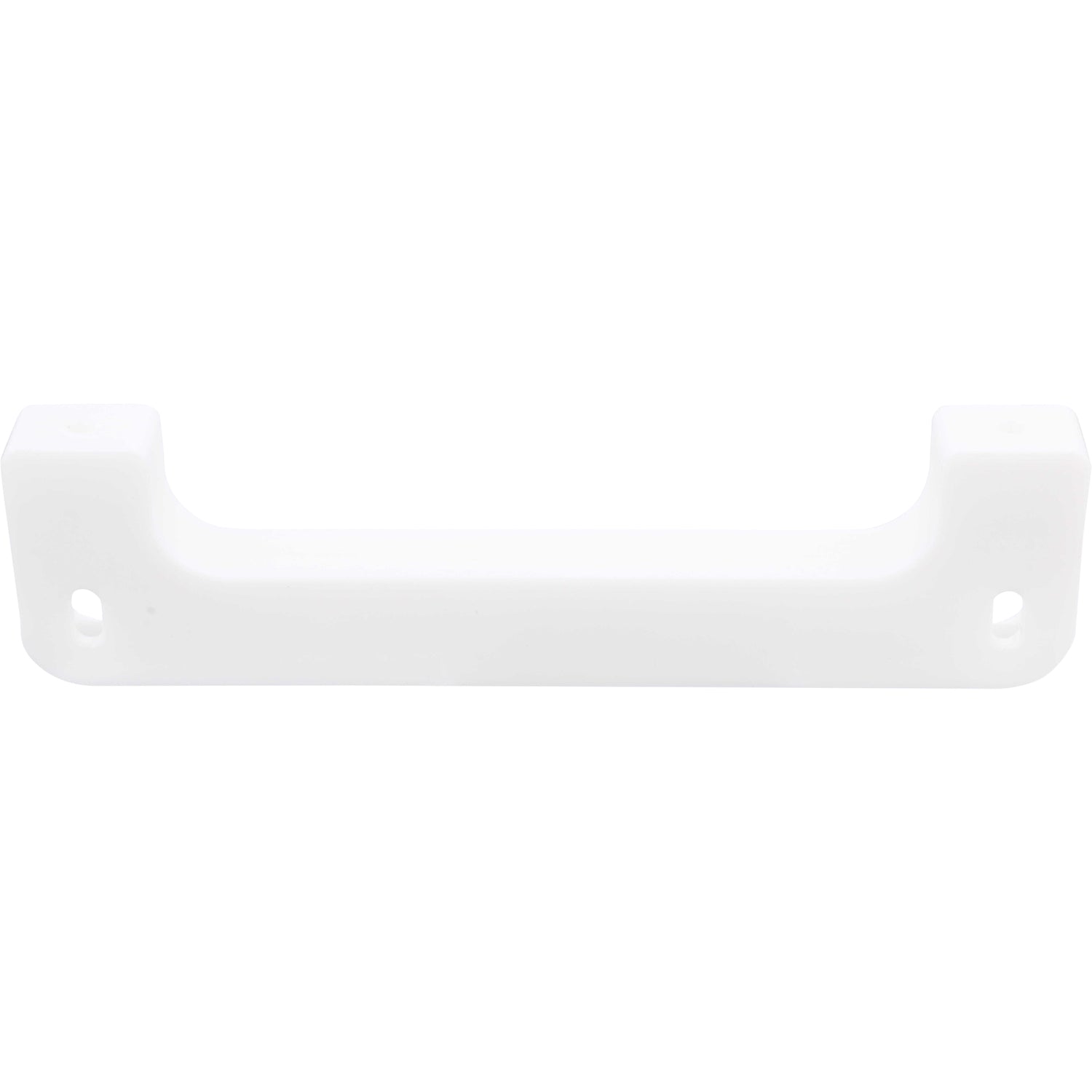 White plastic mounting bracket shaped like a shallow U with two holes used for mounting. Shown on  white background. 