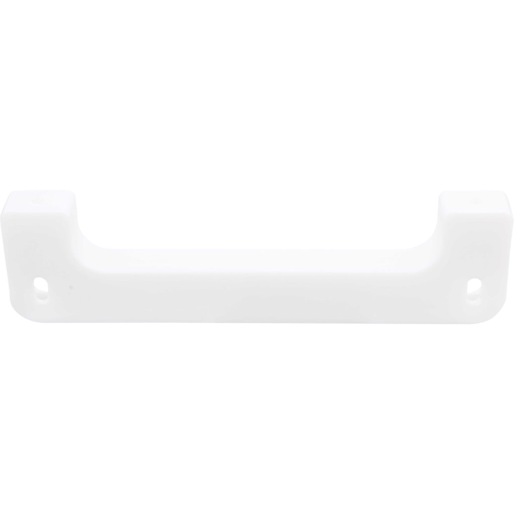 White plastic mounting bracket shaped like a shallow U with two holes used for mounting. Shown on  white background. 