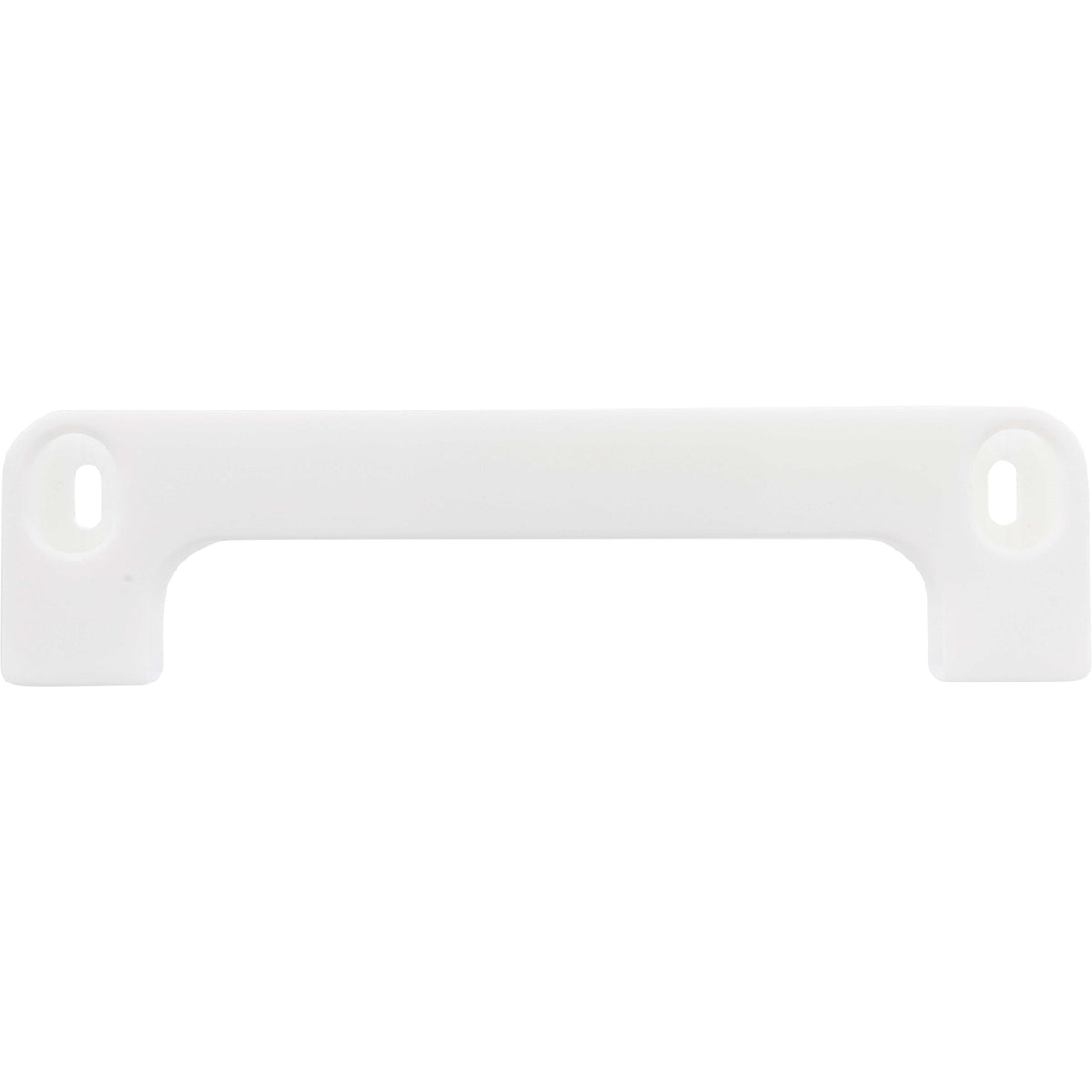 White plastic mounting bracket shaped like a shallow U with two holes used for mounting. Shown on white background.