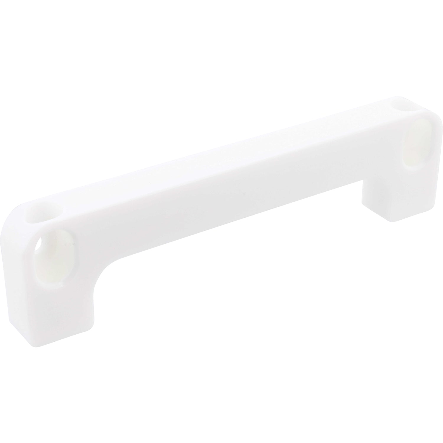 White plastic mounting bracket shaped like a shallow U with two holes used for mounting. Shown on white background.