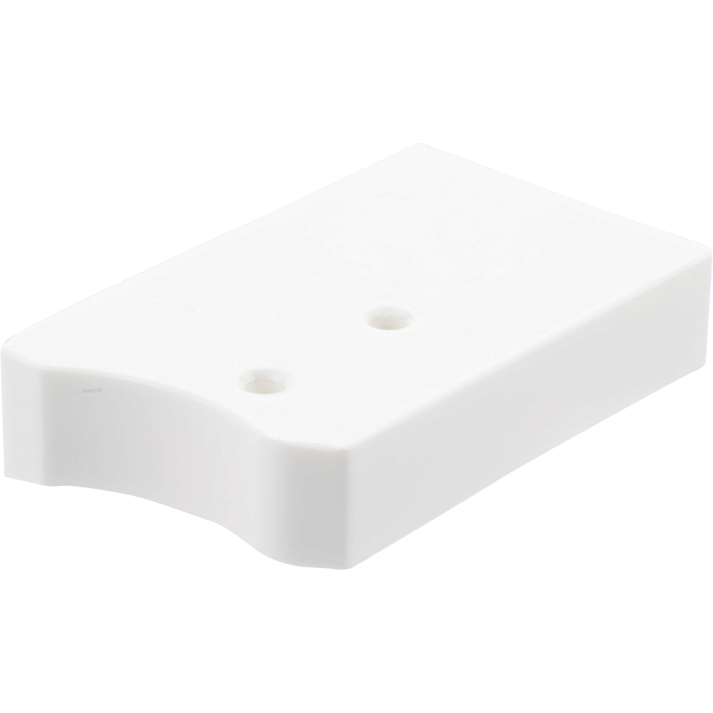 White plastic block with rounded edges and two through holes shown on white background. 