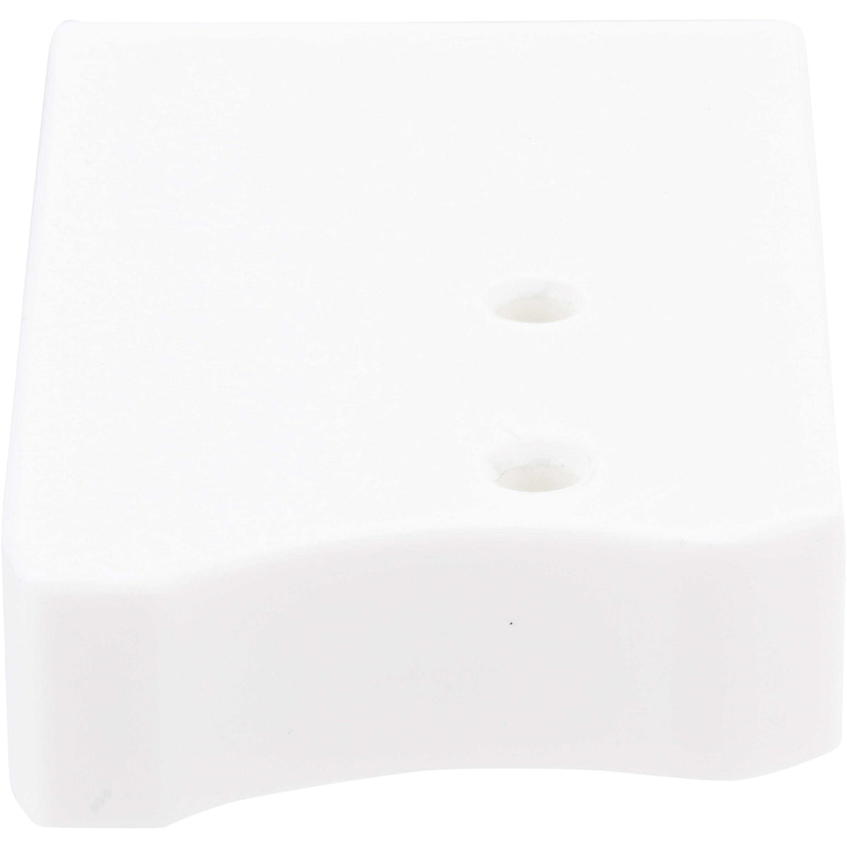 White plastic block with rounded edges and two through holes shown on white background. 