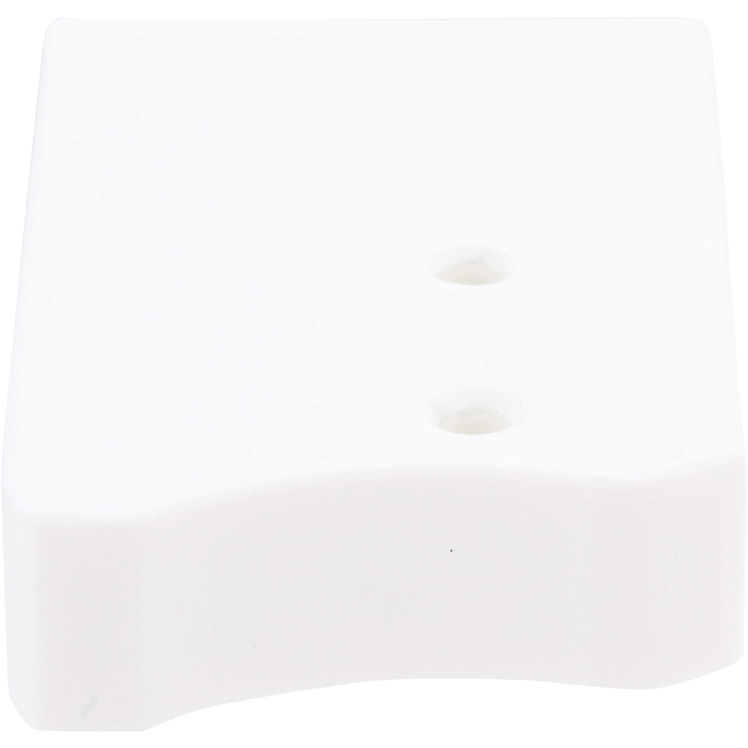 White plastic block with rounded edges and two through holes shown on white background. 