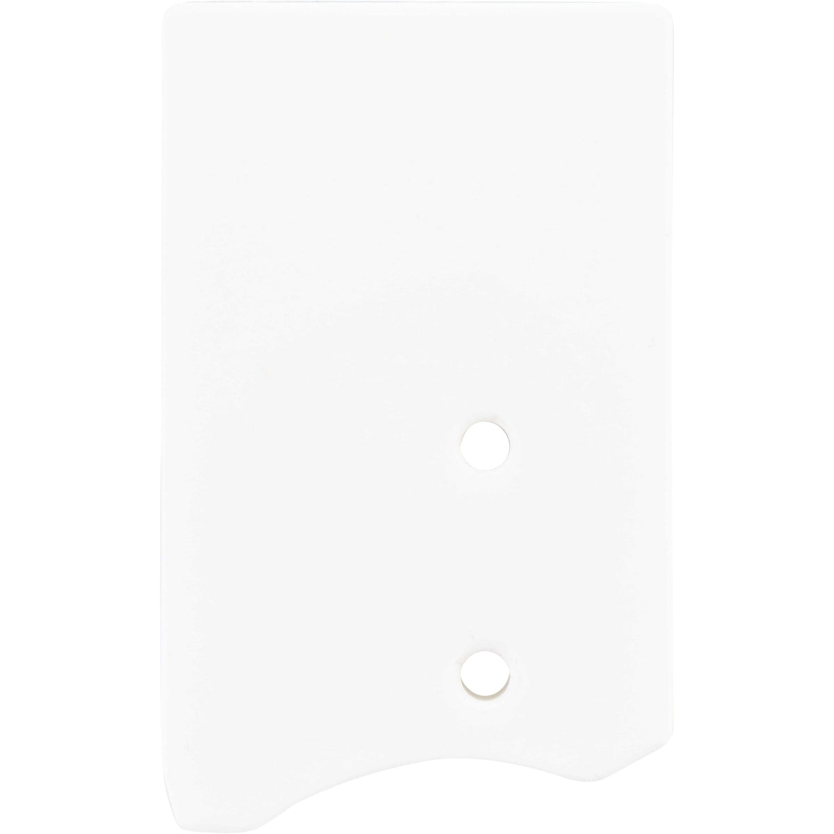 White plastic block with rounded edges and two through holes shown on white background. 