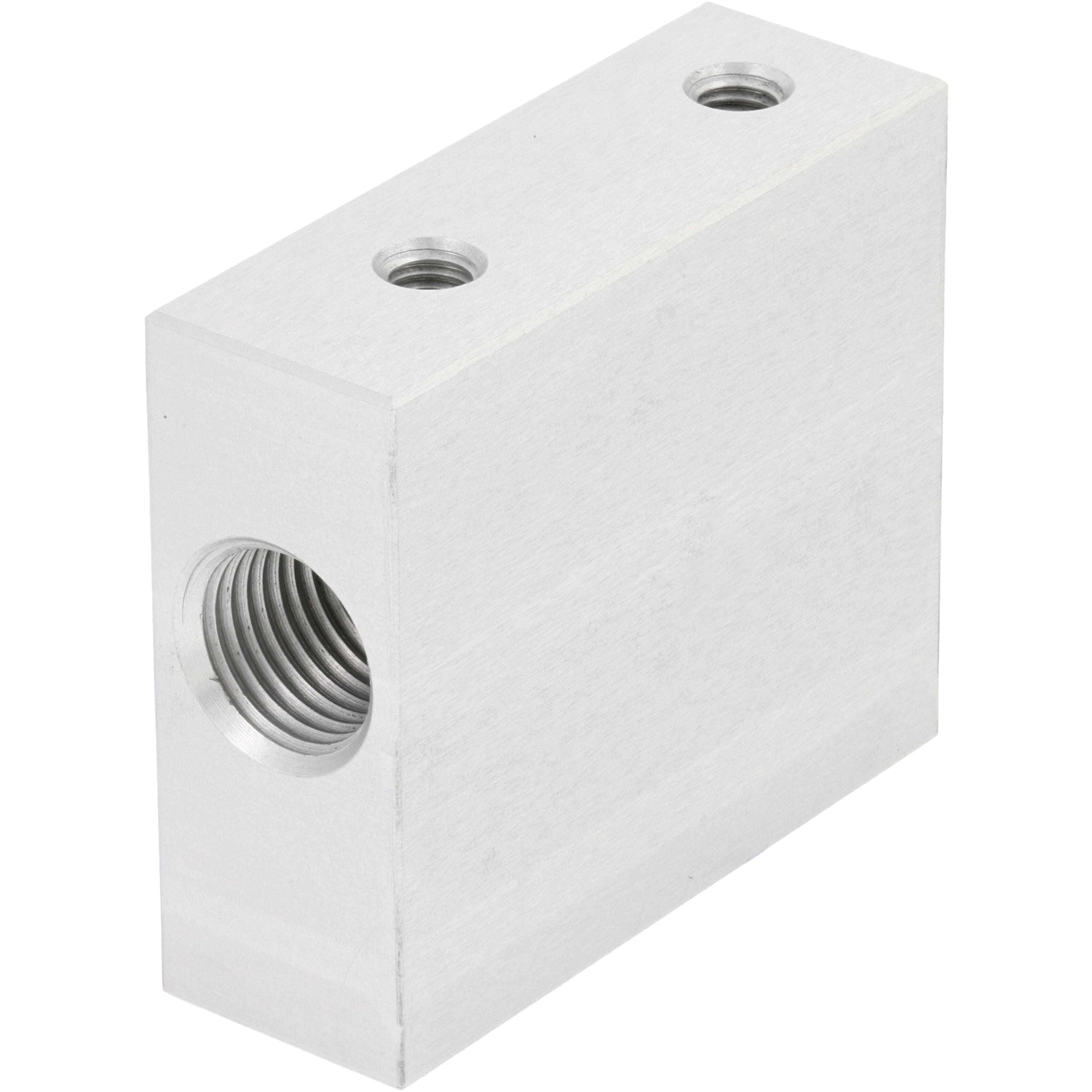 Rectangular hard anodized aluminum block. Two smaller threaded holes are on the top surface and one larger threaded hole is on the front surface. Part shown on white background.
