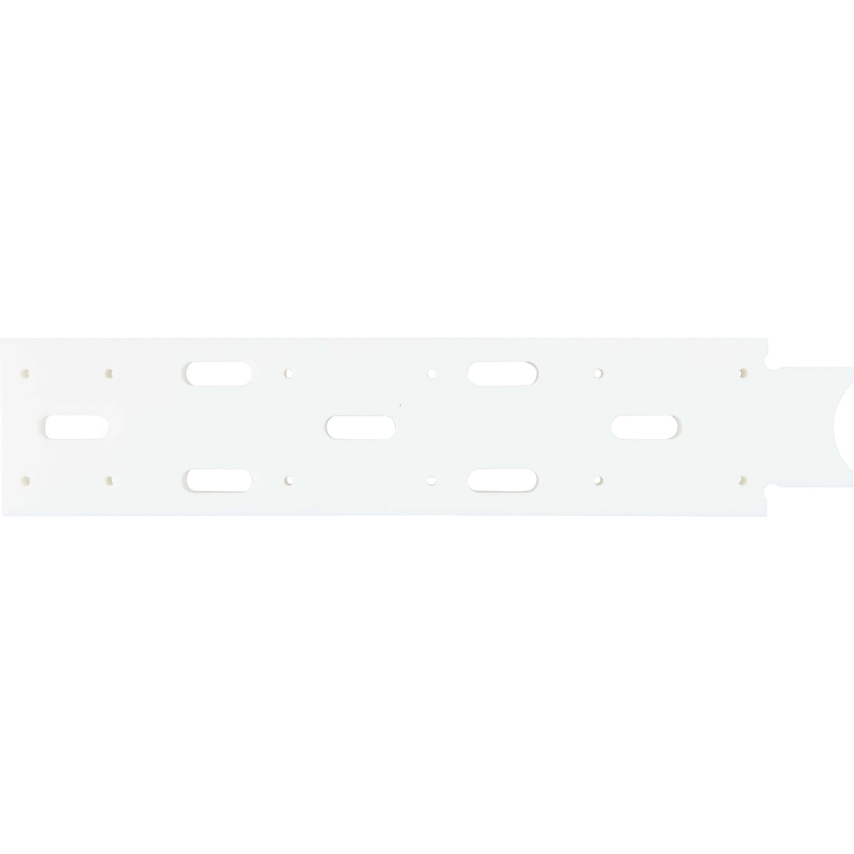 Flat white HDPE machined part with multiple holes cut into it. Part shown on white background. 