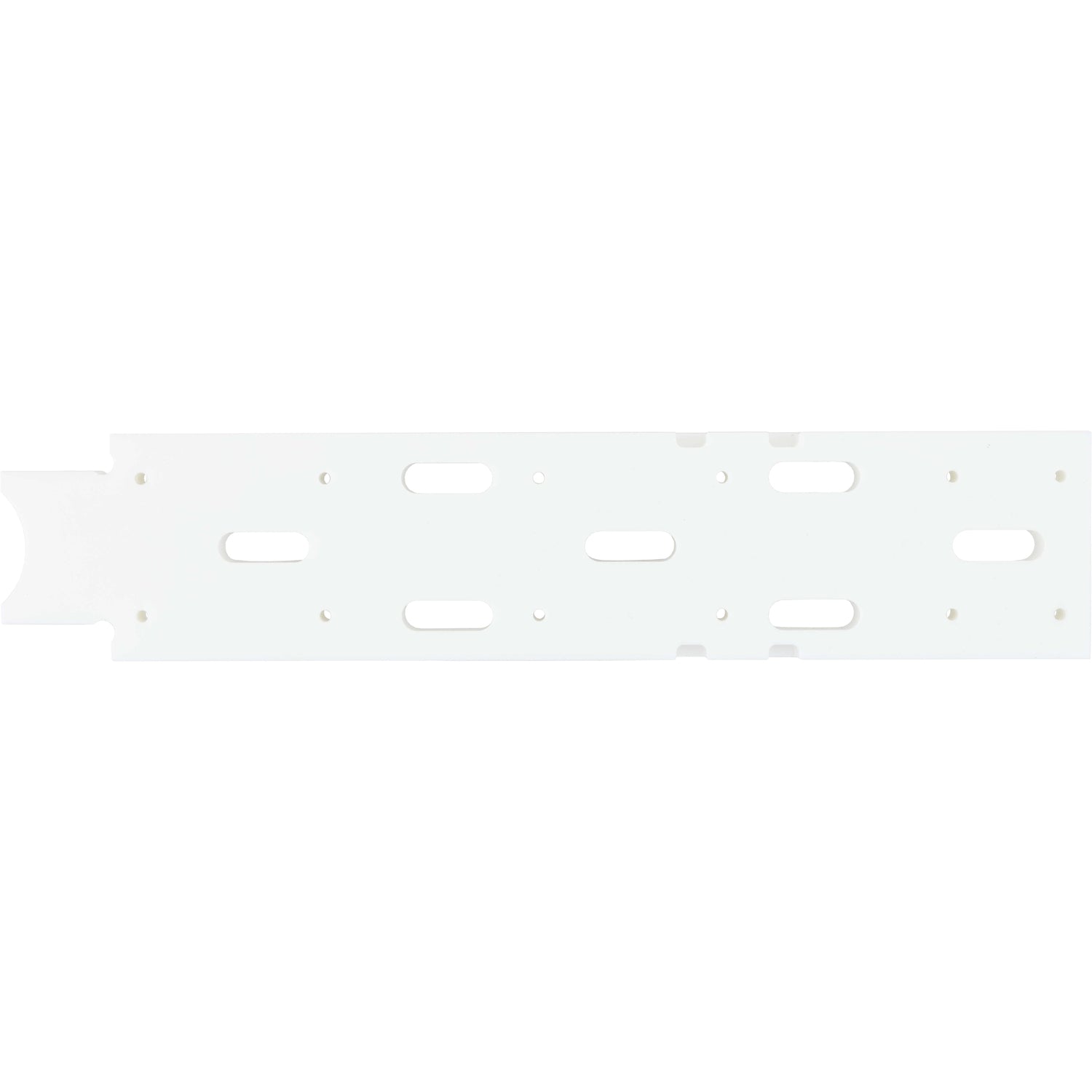 Flat white HDPE machined part with multiple holes cut into it. Part shown on white background. 