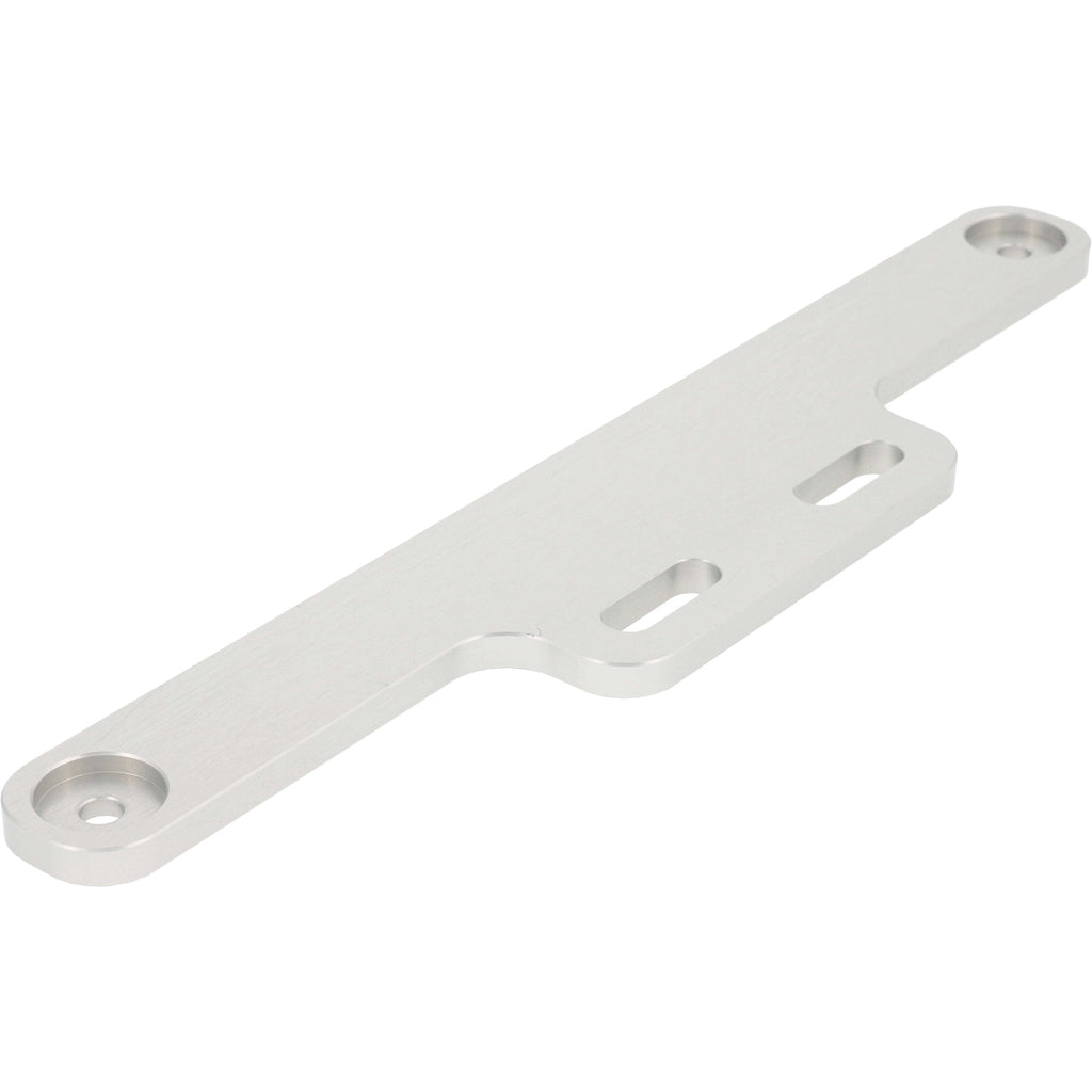 Grey hard anodized aluminum part with rounded edges and a recessed hole cut into each end. Two slotted holes are found on the part for mounting purposes. Part shown on white background. 