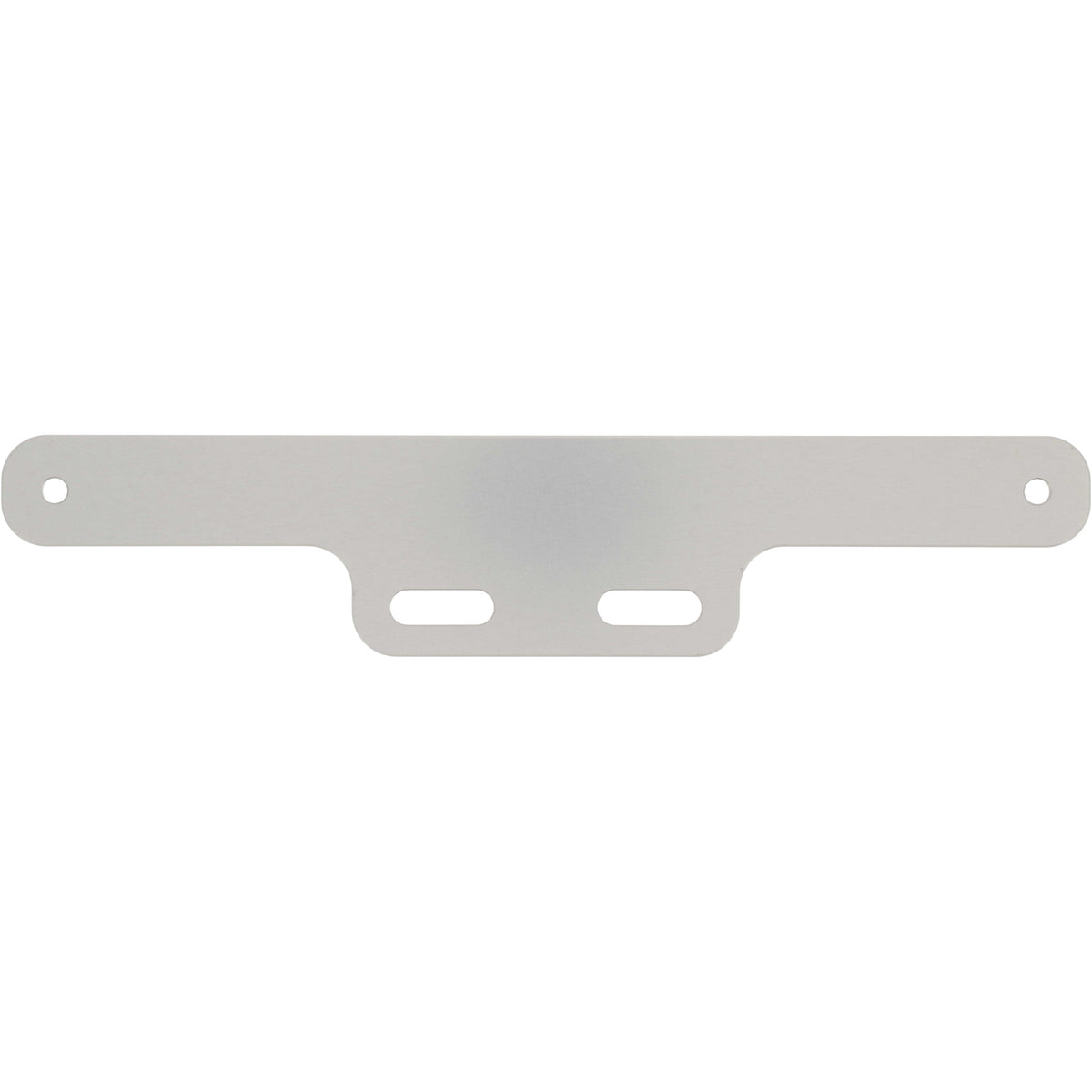Grey hard anodized aluminum part with rounded edges and a recessed hole cut into each end. Two slotted holes are found on the part for mounting purposes. Part shown on white background. 