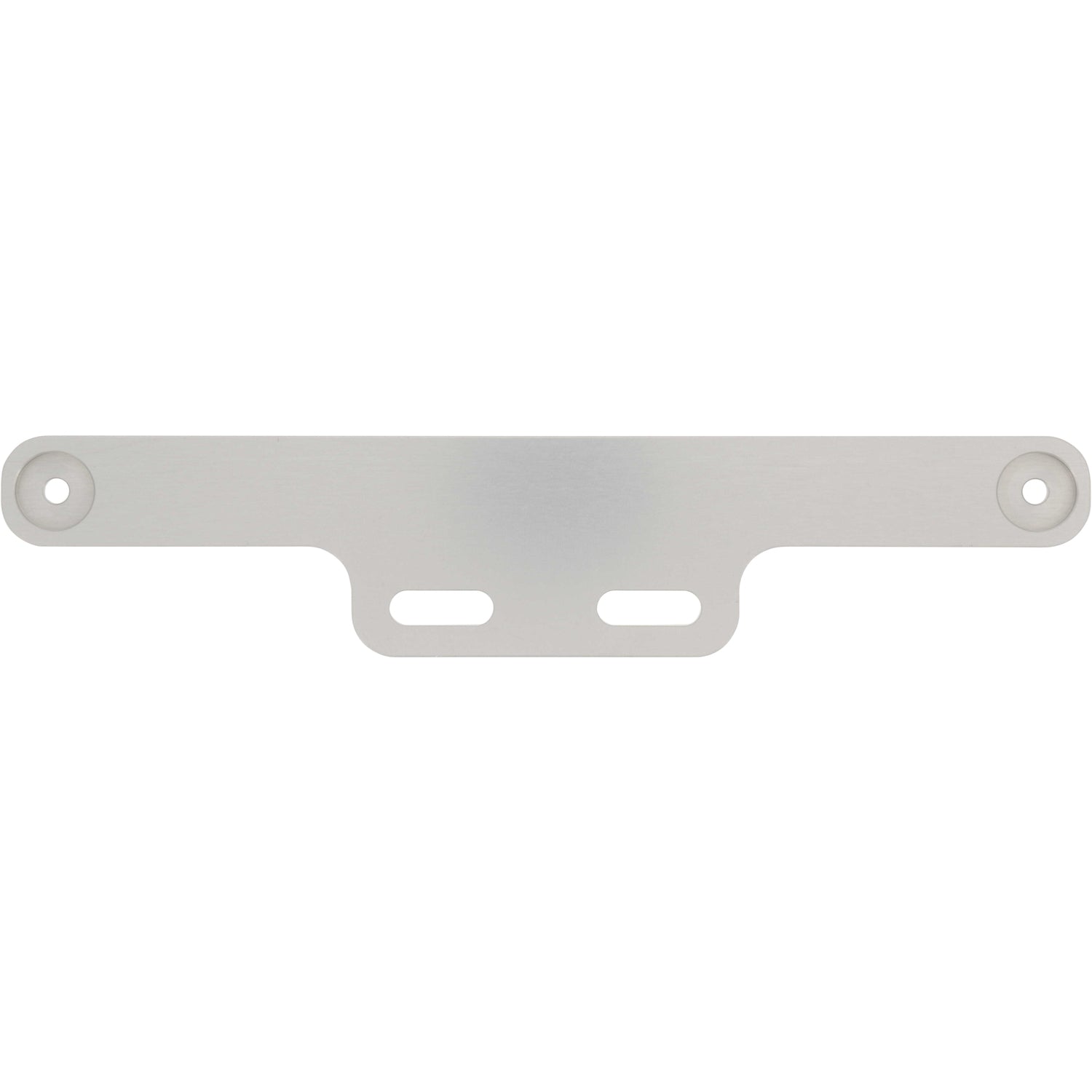 Grey hard anodized aluminum part with rounded edges and a recessed hole cut into each end. Two slotted holes are found on the part for mounting purposes. Part shown on white background. 