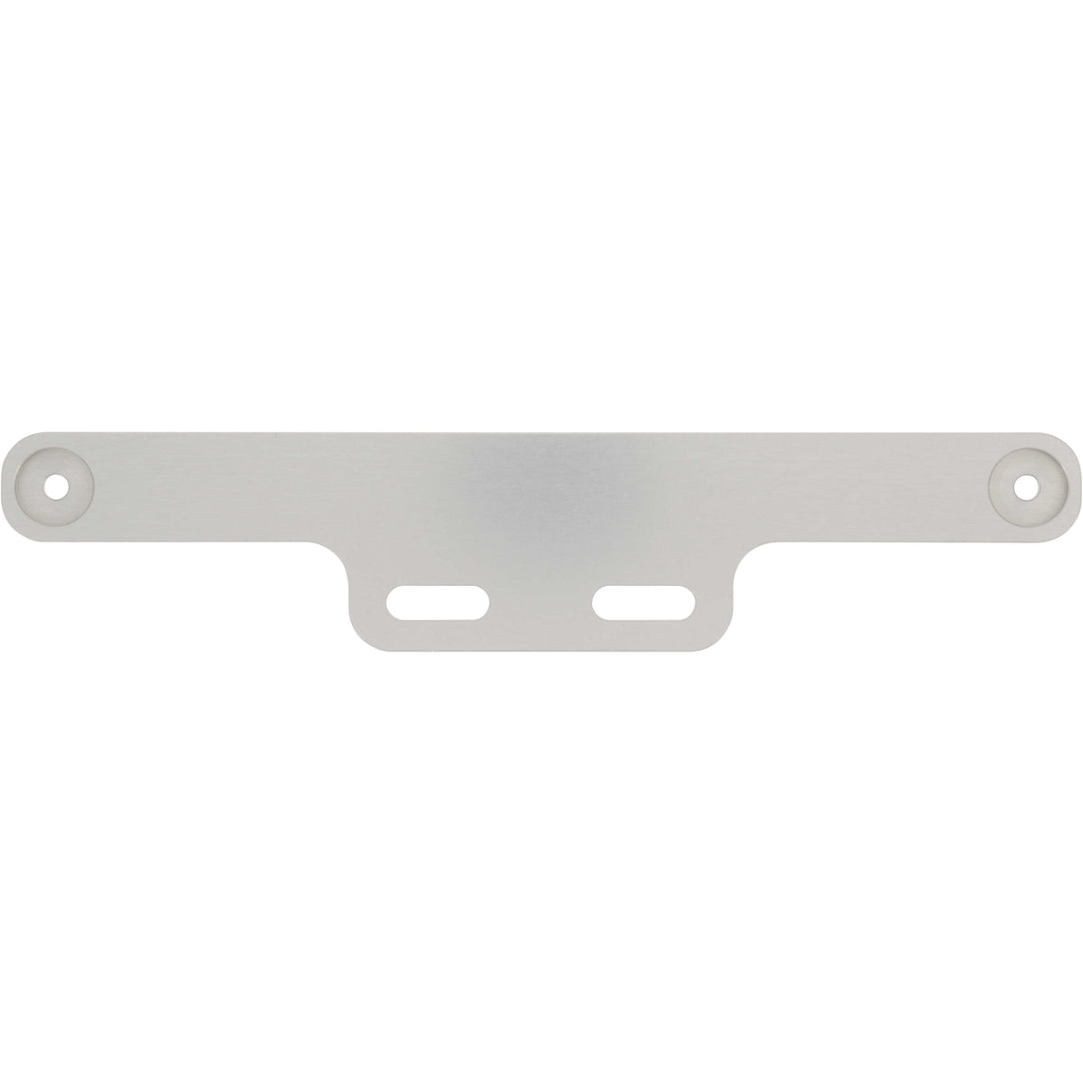 Grey hard anodized aluminum part with rounded edges and a recessed hole cut into each end. Two slotted holes are found on the part for mounting purposes. Part shown on white background. 