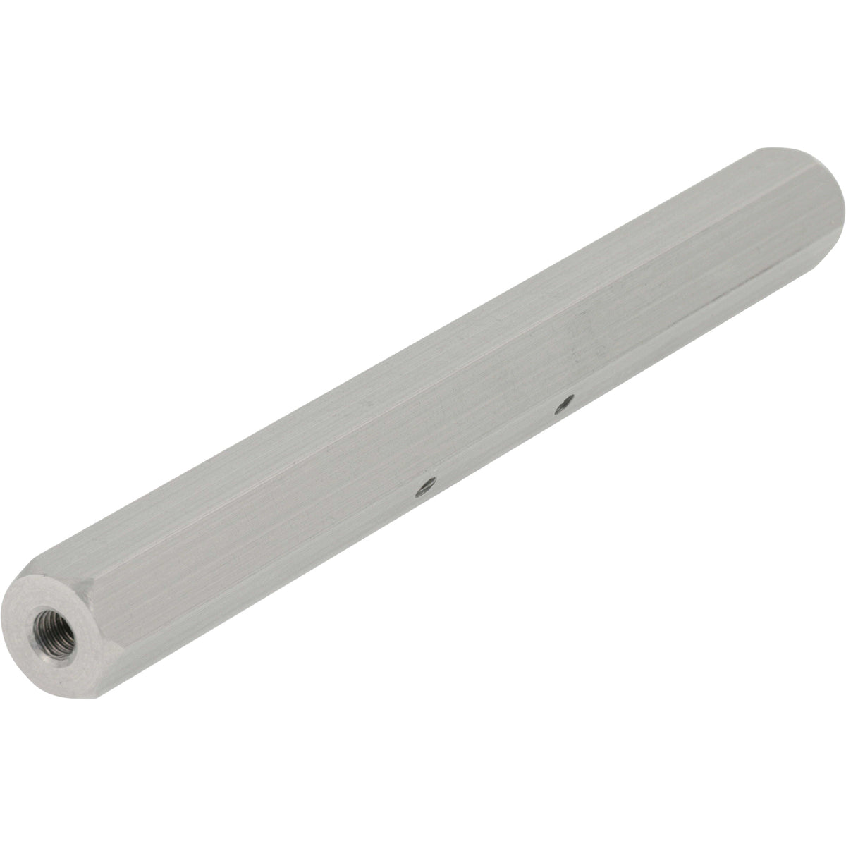 Grey 5 inch aluminum hexagonal standoff with two M3 threaded holes on one of the flats and M5 threaded holes on each end shown on white background.