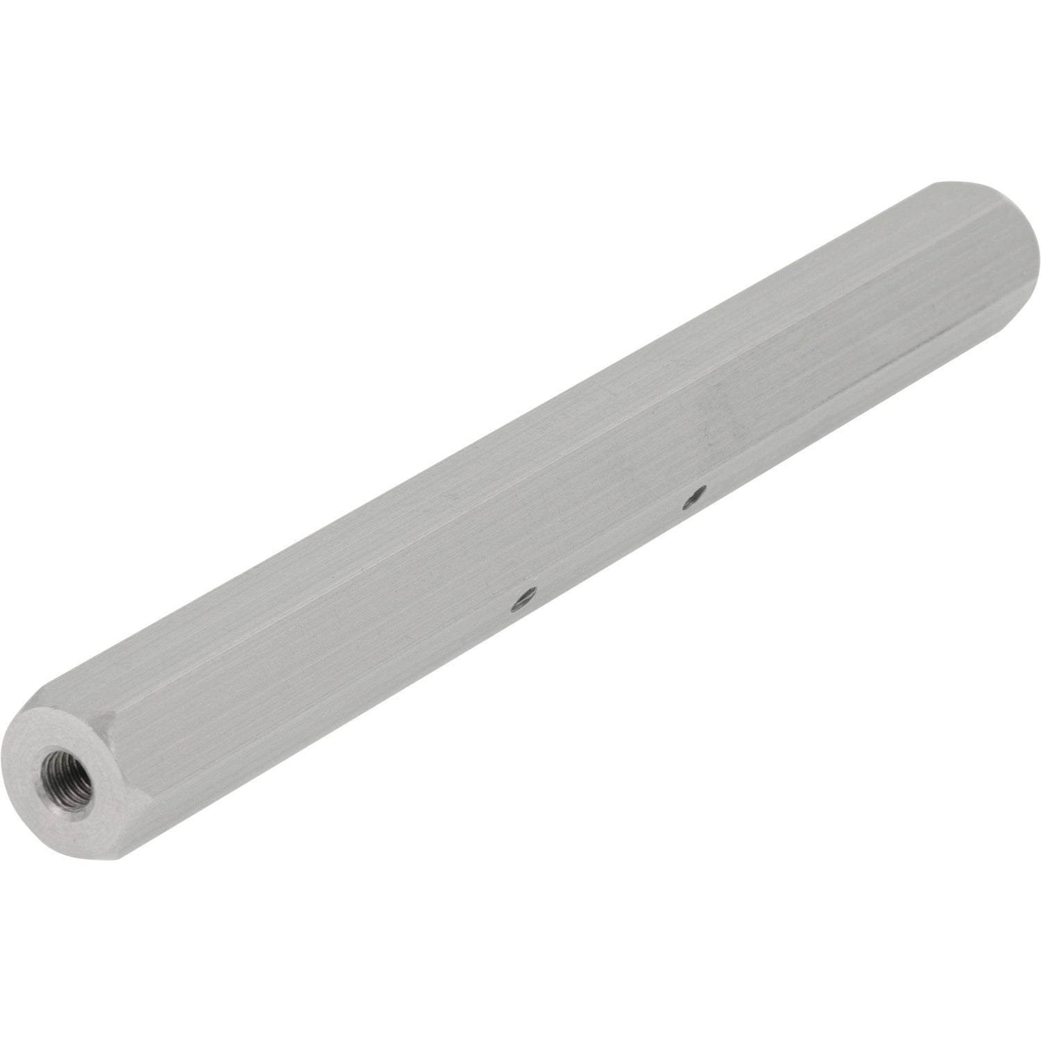 Grey 5 inch aluminum hexagonal standoff with two M3 threaded holes on one of the flats and M5 threaded holes on each end shown on white background.