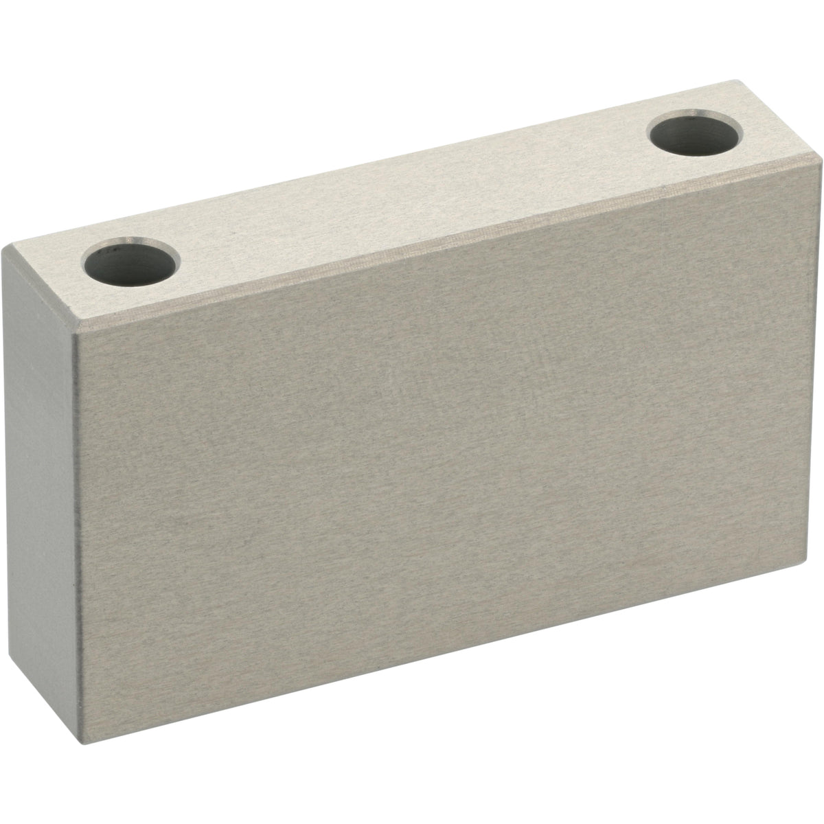 Rectangular grey hard anodized aluminum block with two through holes shown on white background. 