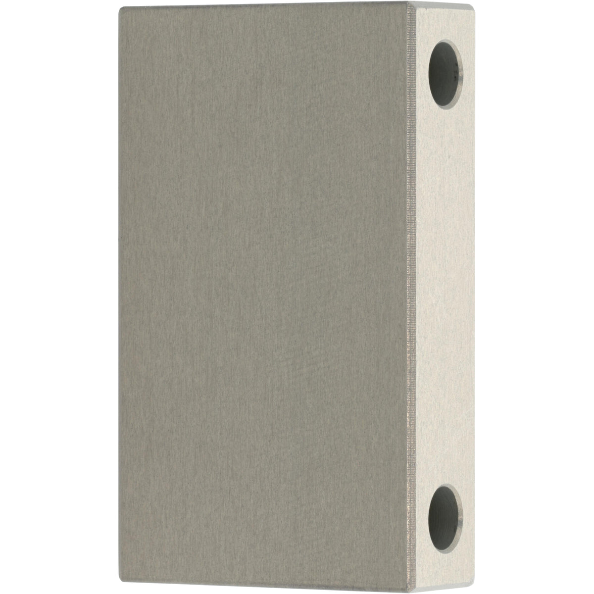 Rectangular grey hard anodized aluminum block with two through holes shown on white background. 