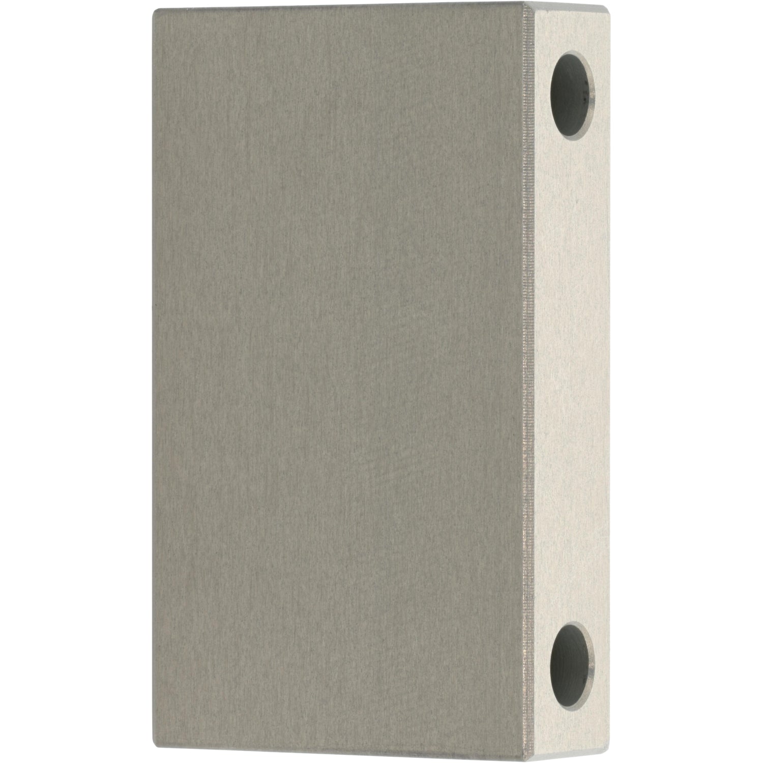 Rectangular grey hard anodized aluminum block with two through holes shown on white background. 