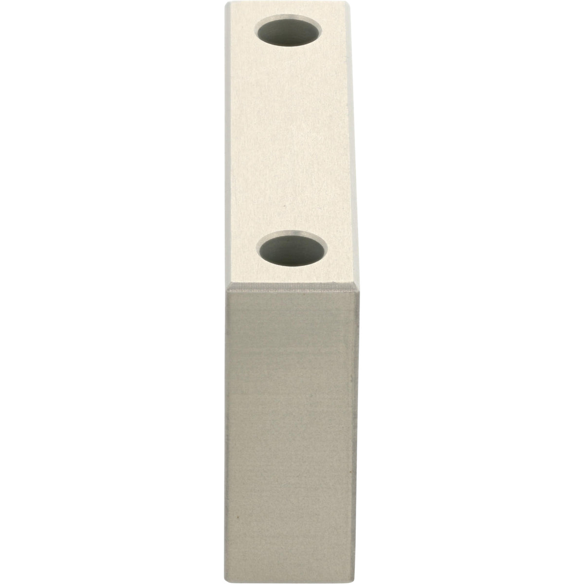 Rectangular grey hard anodized aluminum block with two through holes shown on white background. 
