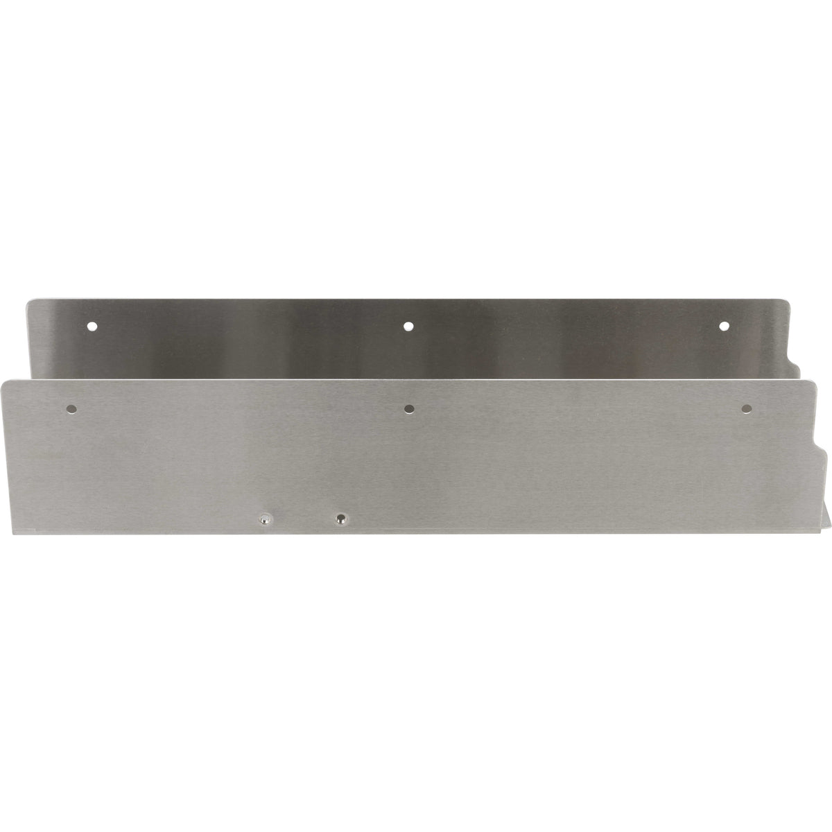 Bent stainless steel exit chute with drain holes and press fit nuts shown on white background.