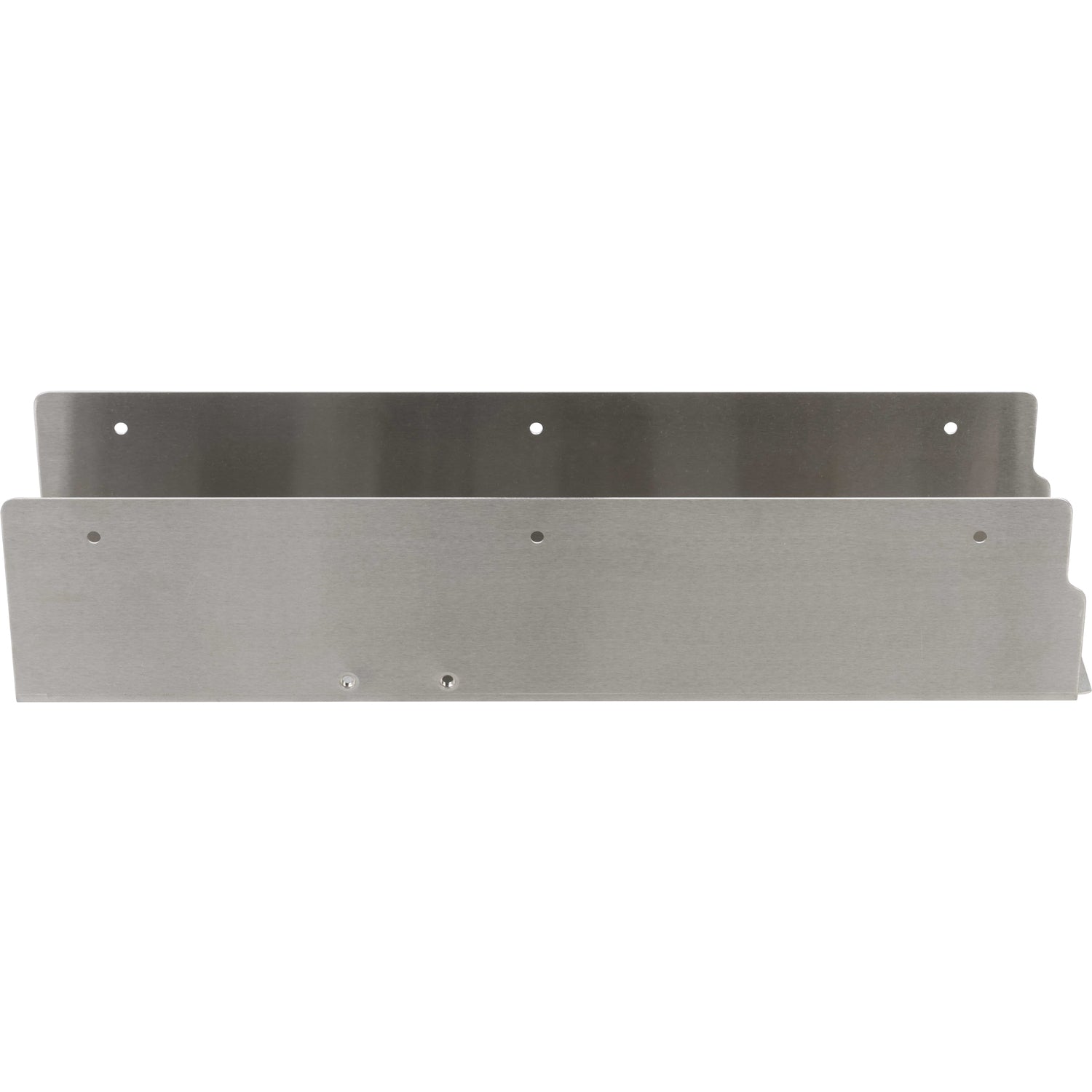 Bent stainless steel exit chute with drain holes and press fit nuts shown on white background.