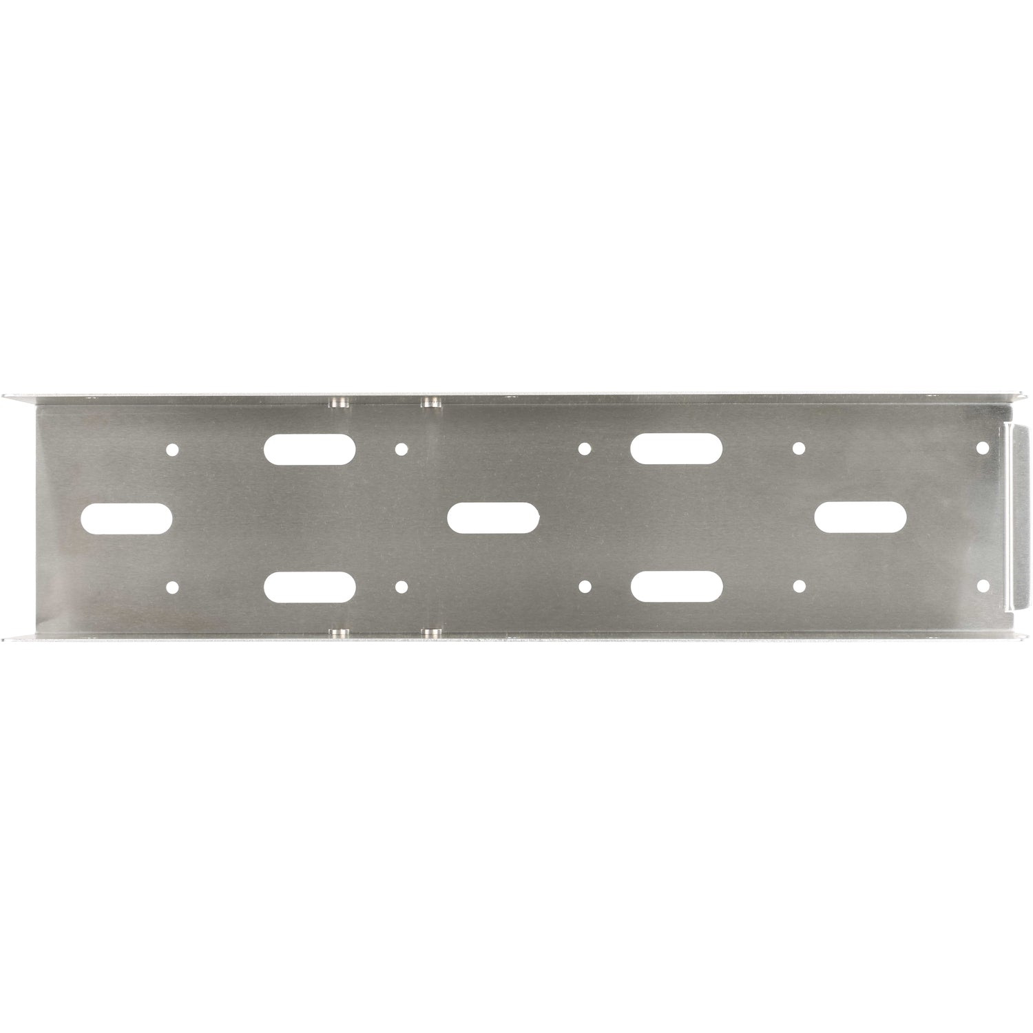 Bent stainless steel exit chute with drain holes and press fit nuts shown on white background.