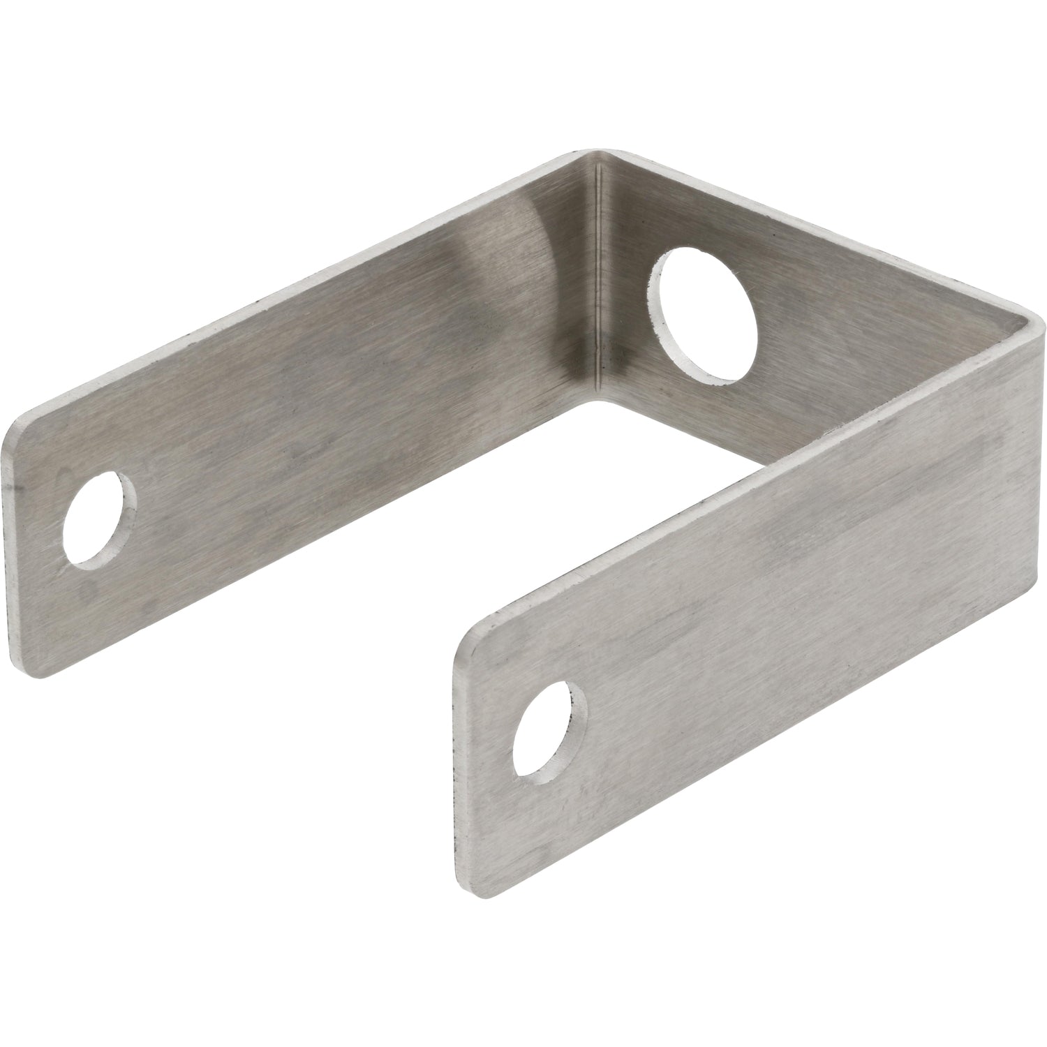 Bent stainless steel mounting bracket with holes on white background.