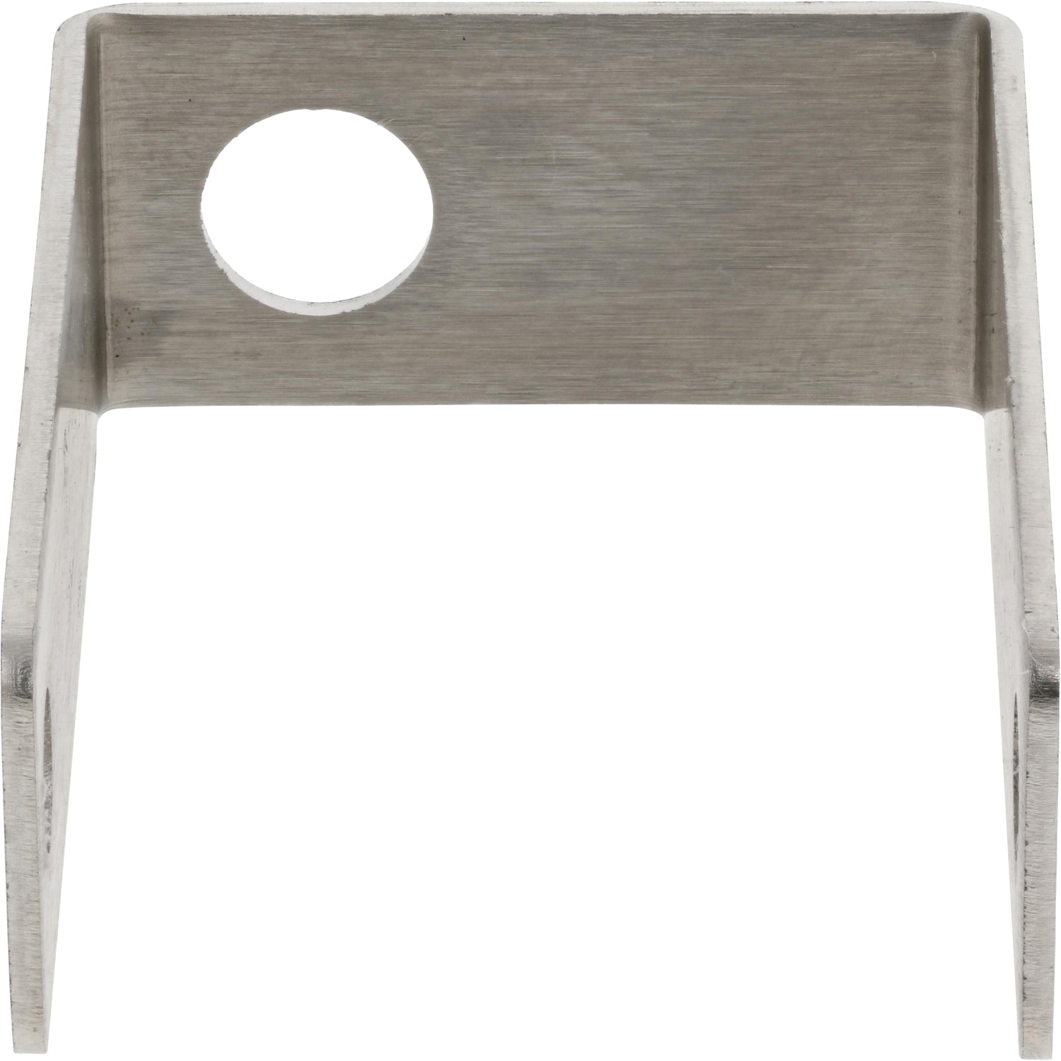 Bent stainless steel mounting bracket with holes on white background.